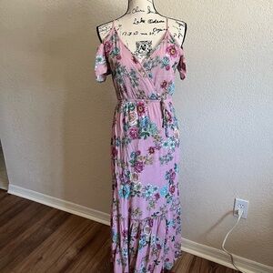 Floral Pink Cold Shoulder Boho Summer Maxi Dress